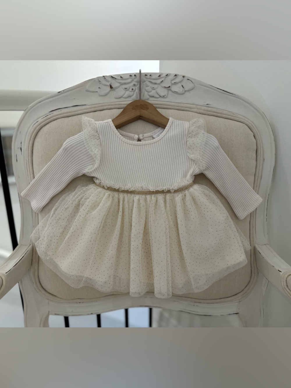 🦢 3~6 Mth Pretty Ivory Baby Girl Tulle Gold Sparkle Dress with Ribbed Bodice NWT